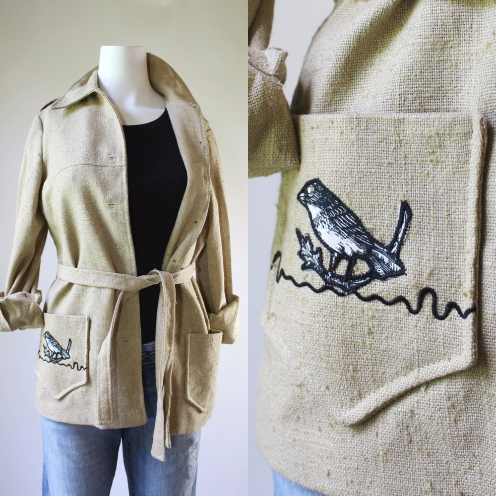 Vintage 70s Linen Blackbird Camp Jacket